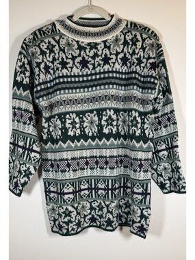 Vintage 80s NUGGETS green white fair isle tunic sweater cabincore oversized S